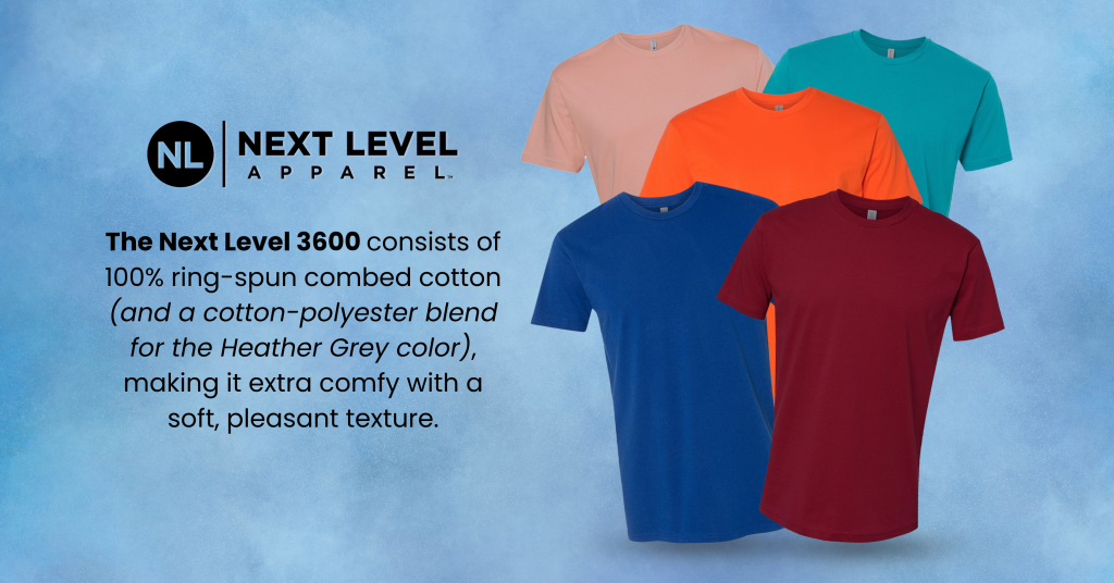 Five colorful t-shirts in blue, red, green, orange, and peach are displayed on a blue background. Text highlights the Next Level 3600, perfect for the Battle of the Cotton Titans: Bella Canvas vs. Next Level - Deciding the Supreme T-Shirt Brand.