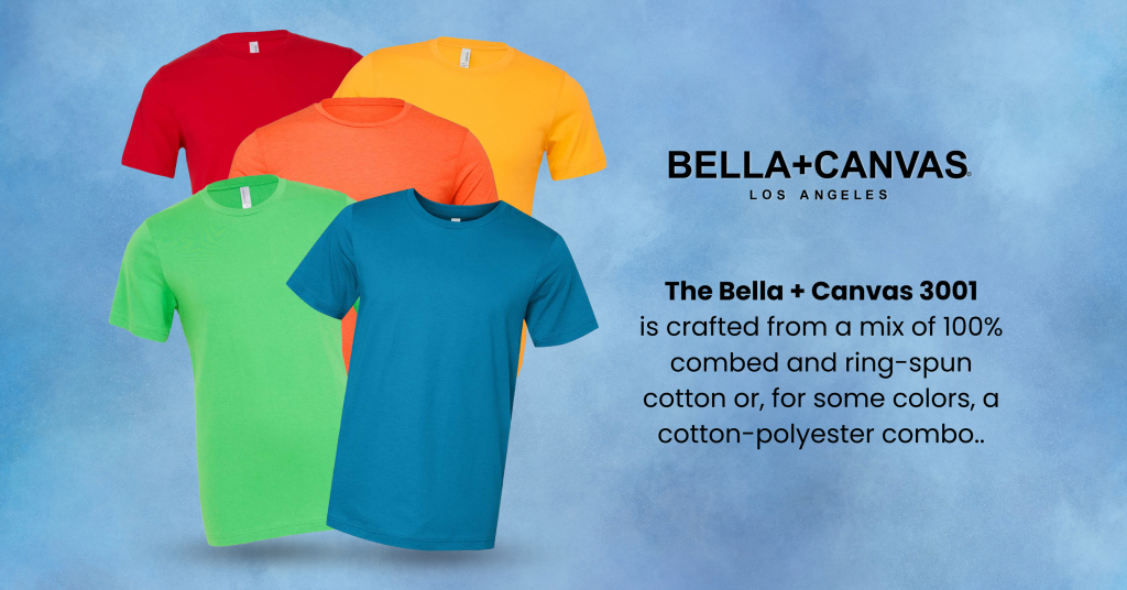 Five colorful Bella + Canvas 3001 t-shirts (red, orange, yellow, green, blue) are displayed on a blue background, featuring branded text about their soft, combed ring-spun cotton—perfect for the Battle of the Cotton Titans: Bella Canvas vs. Next Level.