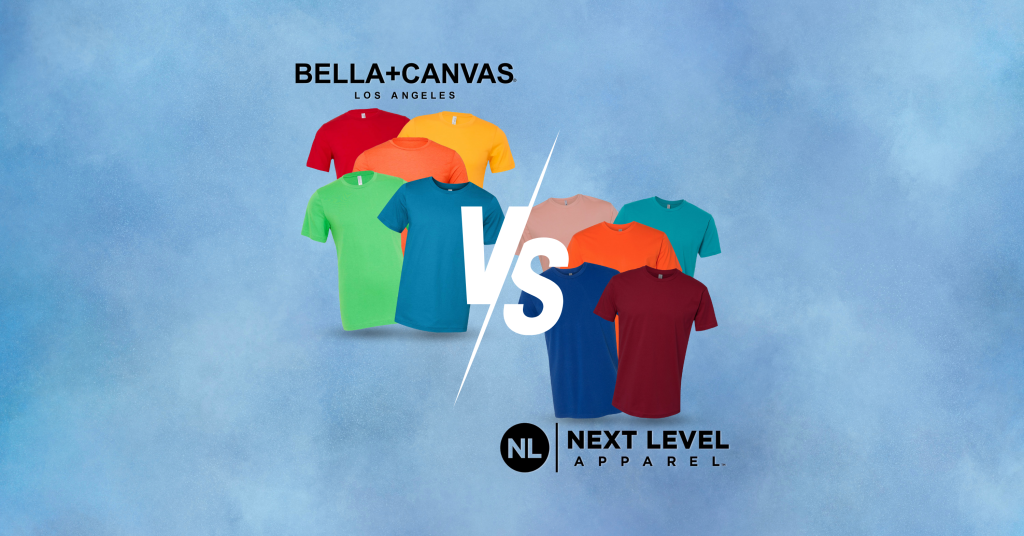 Two groups of colorful t-shirts are shown against a blue background. “Battle of the Cotton Titans: Bella Canvas vs. Next Level” is center stage, with BELLA+CANVAS and Next Level Apparel labeled above their respective groups.