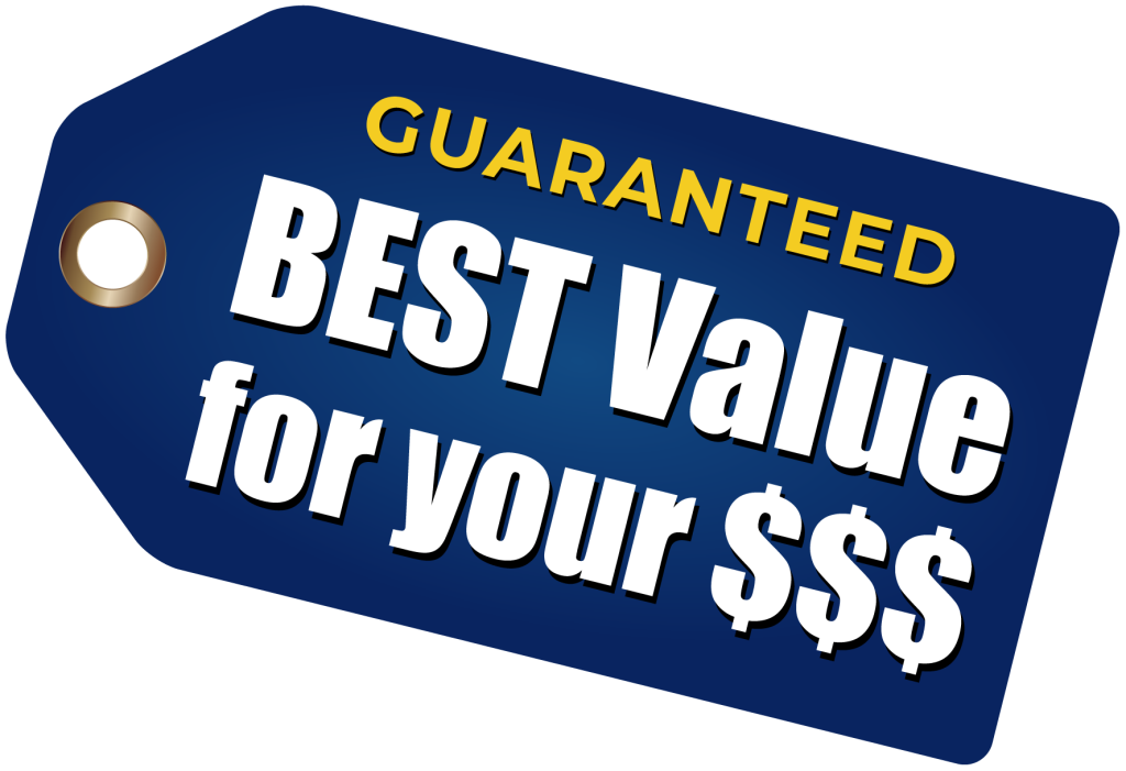 A blue price tag graphic with the words GUARANTEED BEST Value for your $$ in bold white and yellow text—perfect for those comparing brands in the Battle of the Cotton Titans: Bella Canvas vs. Next Level - Deciding the Supreme T-Shirt Brand.