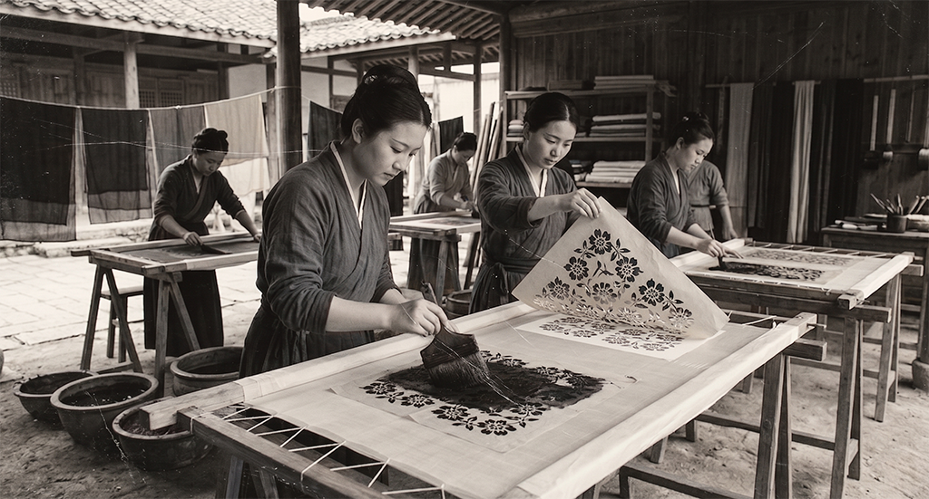 Four women in traditional clothing carefully stencil floral patterns onto fabric stretched over wooden frames, showcasing the art of screen printing passed down through history.