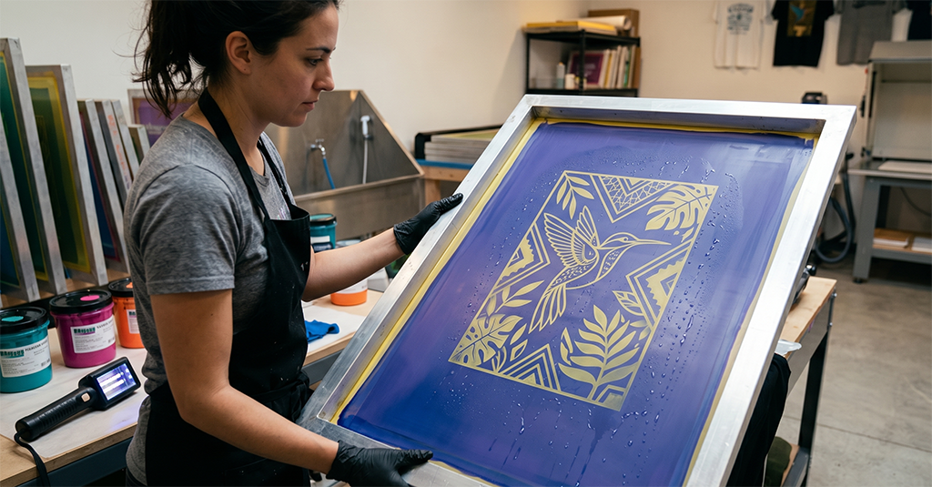 In a printmaking studio, a woman in a gray shirt and black apron holds a silk screen with a hummingbird and leaf design, highlighting the art and history of screen printing as she prepares for her next creative project.