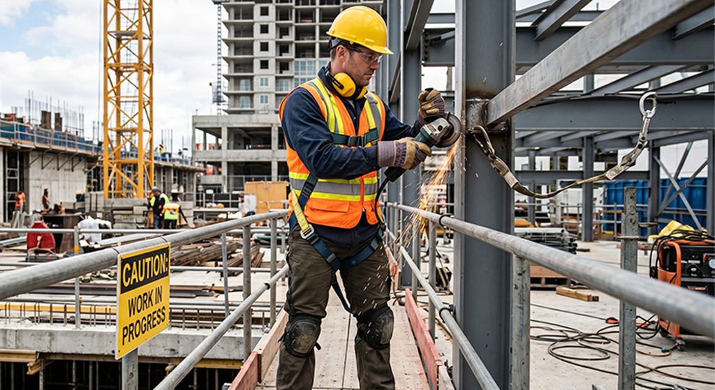 A construction worker in custom safety gear uses a power tool on a steel structure at a building site. He wears a yellow hard hat, orange vest, and ear protection. A Caution: Work in Progress sign is visible nearby.