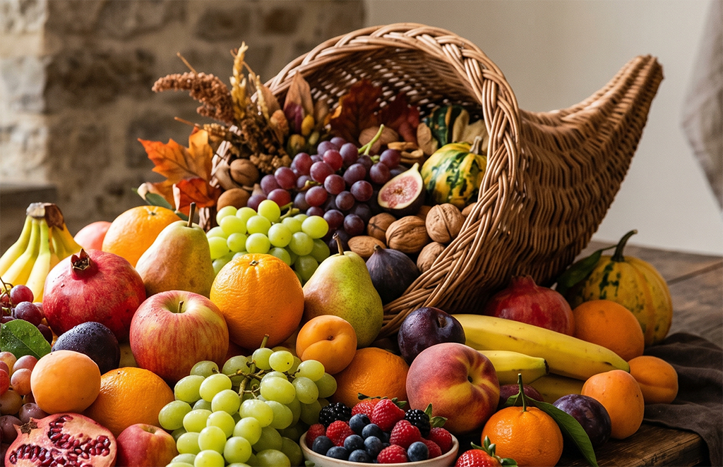 A wicker Fruit of the Loom cornucopia overflows with assorted fruits and nuts, including grapes, apples, bananas, peaches, berries, oranges, and walnuts, displayed on a wooden surface with autumn leaves in the background.
