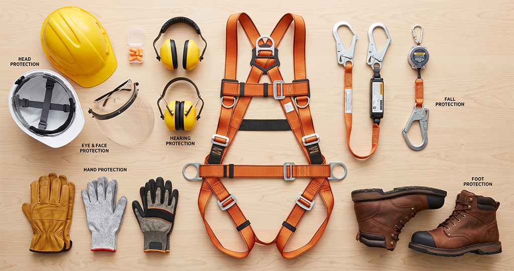 Safety equipment laid out on a table, including custom safety gear like a hard hat, safety goggles, earmuffs, gloves, harness, lanyard, fall protection, and brown work boots—each labeled by its ANSI compliance and protective function.