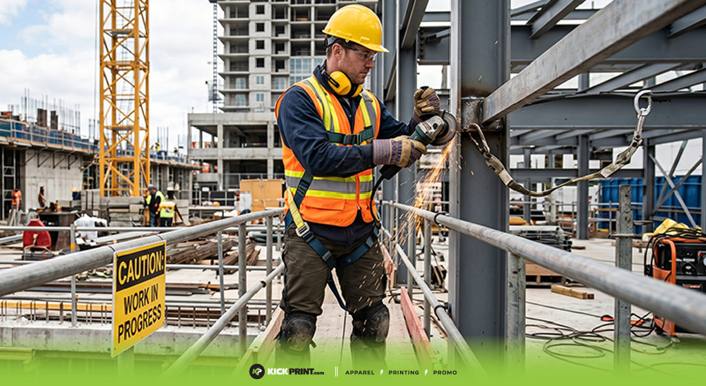 A construction worker in custom safety gear uses a power tool on a steel beam at a building site. A Caution: Work in Progress sign is visible, with construction materials and structures in the background.