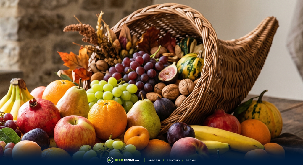 A wicker cornucopia overflows with assorted fruits—grapes, apples, bananas, oranges, and pears—surrounded by autumn leaves and nuts, reminiscent of the iconic Fruit of the Loom Mandela Effect debate, arranged on a wooden table.