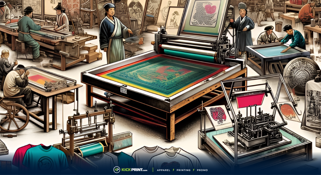 Detailed illustration of a traditional printmaking workshop where people practice screen printing and other art forms, surrounded by printed shirts, posters, and designs in a studio rich with history.