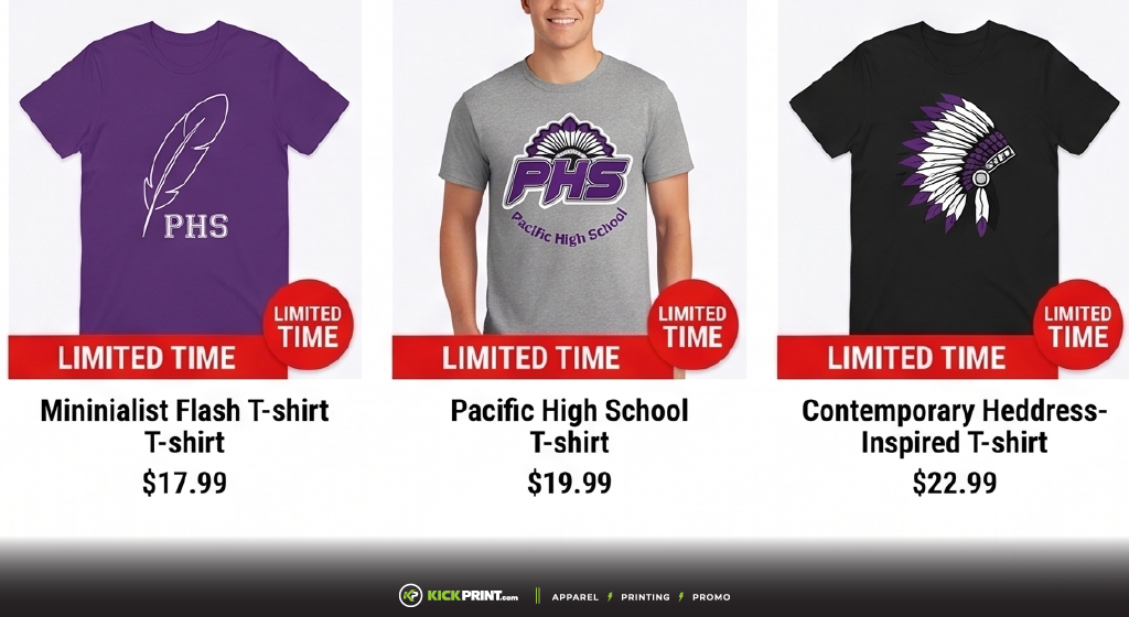 Three t-shirts are displayed for sale in this online store: a purple PHS shirt with a white flash, a gray Pacific High School shirt with a purple eagle, and a black shirt with a white and purple headdress—each part of limited time t-shirt campaigns, adding scarcity.