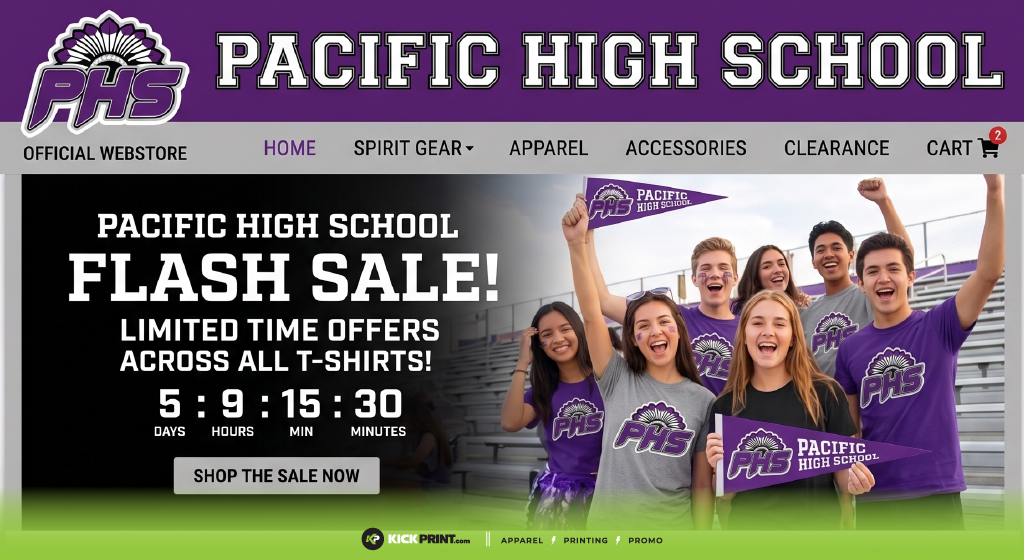 A group of smiling students in Pacific High School shirts and holding spirit gear cheer in bleachers. Banner reads Pacific High School Flash Sale! Don’t miss out—limited time t-shirt campaigns create FOMO! Shop now with a countdown timer.
