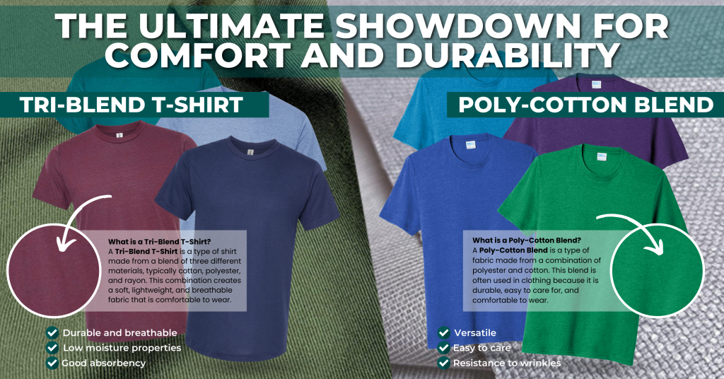 A comparison graphic titled Fabric Face-Off: Tri-Blend vs. Poly-Cotton Blend - Unraveling the Battle for Comfort and Durability showcases T-shirt features, benefits, and vibrant images against a fabric background for the ultimate showdown.