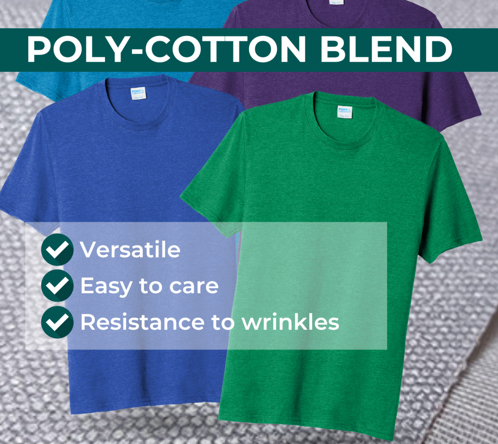 Four colorful poly-cotton blend T-shirts are displayed, their benefits highlighted: versatile, easy to care for, and wrinkle-resistant. A close-up fabric texture appears in the background, echoing a Fabric Face-Off: Tri-Blend vs. Poly-Cotton Blend for comfort and durability.