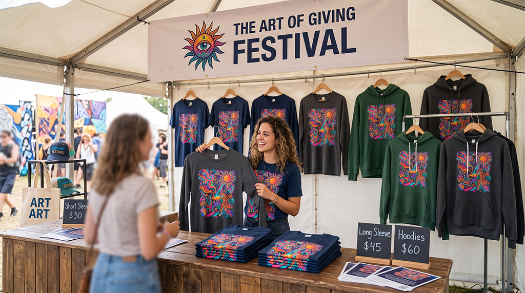 A smiling vendor stands behind a booth at a festival, selling colorful charity event t-shirts and graphic hoodies. A customer faces the booth. A sign above reads “The Art of Giving Festival.” Prices are displayed for shirts and hoodies, each featuring unique charity event shirt designs.