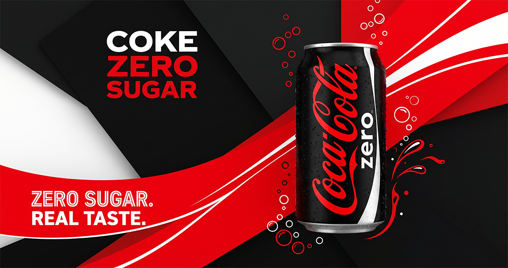 A can of Coca-Cola Zero Sugar on a dynamic red, black, and white background—with vibrant Pantone colors—features text reading Coke Zero Sugar and Zero Sugar. Real Taste. This image is perfect for printing or use as a quick guide to bold branding.