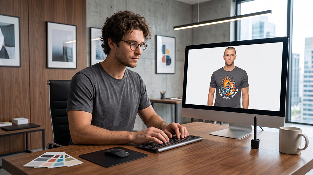 A man sits at a modern desk working on a computer, which displays a person wearing a charity t-shirt design with a colorful sun and moon motif. Office decor and cityscape are visible in the background.