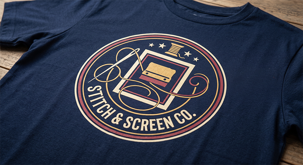 Navy blue t-shirt with a circular logo reading Stitch & Screen Co., featuring a spool of thread, squeegee, and decorative elements in gold, white, and red—celebrating the art of embroidery and screen printing in Kansas City.