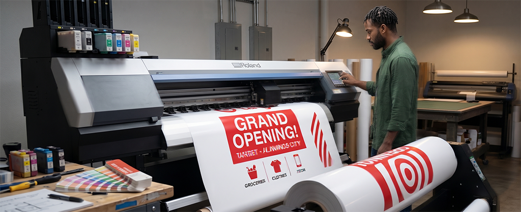 A man stands by a large-format printer producing a banner that says Grand Opening! with icons for groceries, clothes, and more. Nearby, Pantone color swatches and printing materials are neatly arranged on a table in the well-lit print shop, serving as a guide for precise and vibrant printing.