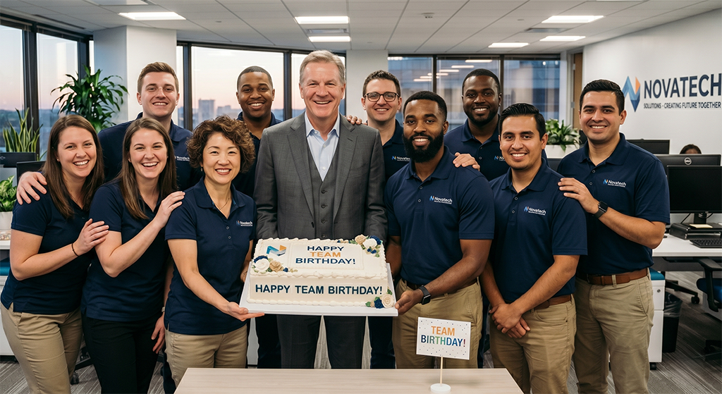 A group of eleven smiling coworkers, some holding a cake that reads Happy Team Birthday!, pose together in an office with the Novatech logo—celebrating with appreciation gifts perfect for any team milestone—in the background.