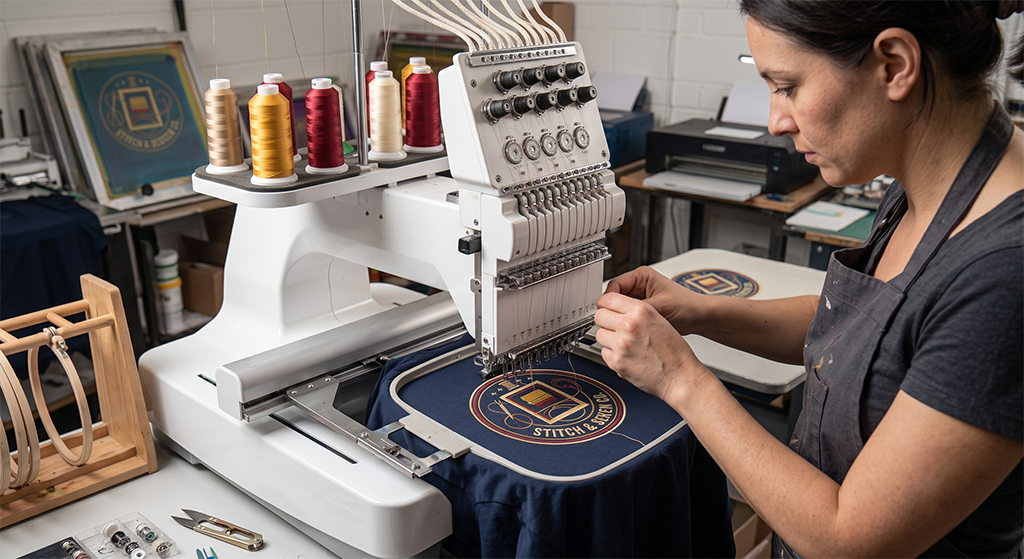 A woman uses a computerized embroidery machine to stitch a colorful logo onto fabric in a Kansas City workshop, with spools of thread and sewing tools visible nearby.
