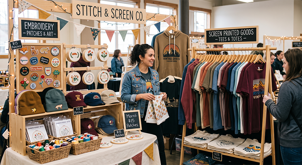 A woman stands at a colorful Kansas City market booth selling embroidered patches, hats, t-shirts, and tote bags. Signs read “Stitch & Screen Co.” and “Screen Printed Goods,” highlighting the unique embroidery and screen printing offered. Another person browses nearby.