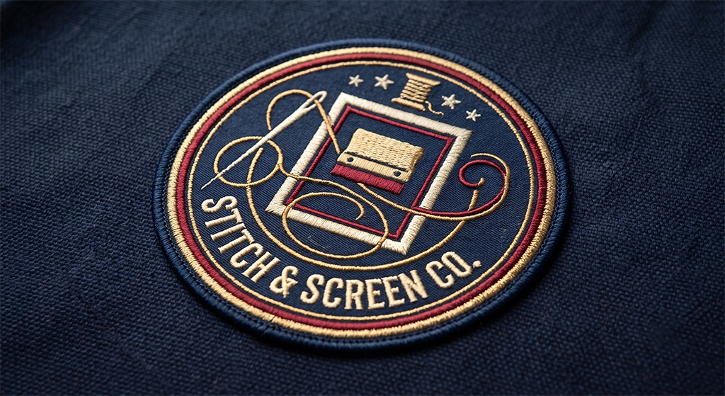 A circular embroidered patch with a spool, thread, and squeegee, reading Stitch & Screen Co. on a dark fabric background. Showcasing the artistry of Kansas City screen printing and embroidery, the colors are navy, gold, red, and white.