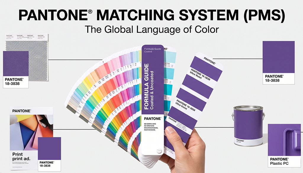 A hand holds a Pantone color guide fan surrounded by vibrant Pantone Violet 18-3838 color samples, paint can, printed ad, and plastic chip—demonstrating the importance of precise Pantone Colors in printing. Text: Pantone Matching System (PMS) The Global Language of Color.