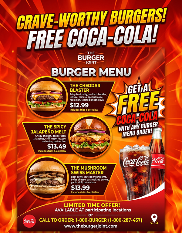 Burger menu featuring images of three appetizing burgers, a special offer for a free Coca-Cola with any burger, and easy-to-find contact details. The design pops with bright yellow and red Pantone colors, using bold, attention-grabbing text to guide your eyes across the page—perfectly suited for high-quality printing.