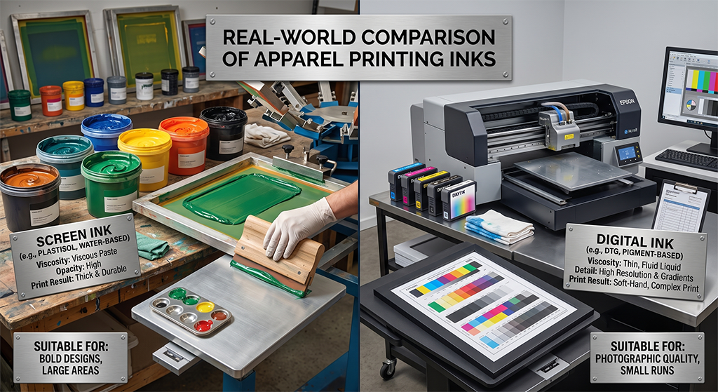 A side-by-side comparison shows screen printing with colorful ink tubs and a squeegee on the left, and digital printing with an inkjet printer and color charts on the right—methods both popular in Jackson, Mississippi. Text highlights differences in ink type, suitable uses, and how techniques like embroidery offer yet another unique option for custom designs.