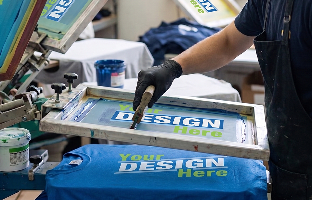 A person uses a squeegee to screen print “Your DESIGN Here” on a blue T-shirt in Jackson, Mississippi. Multiple screens and ink cans are visible, showcasing the custom screen printing process.