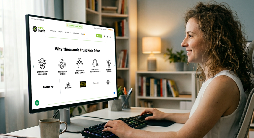 A woman sits at a desk using a desktop computer, viewing a website with the heading Why Thousands Trust Kick Print, surrounded by icons, benefits, and positive customer feedback. The room features shelves, a lamp, and a plant in the background.