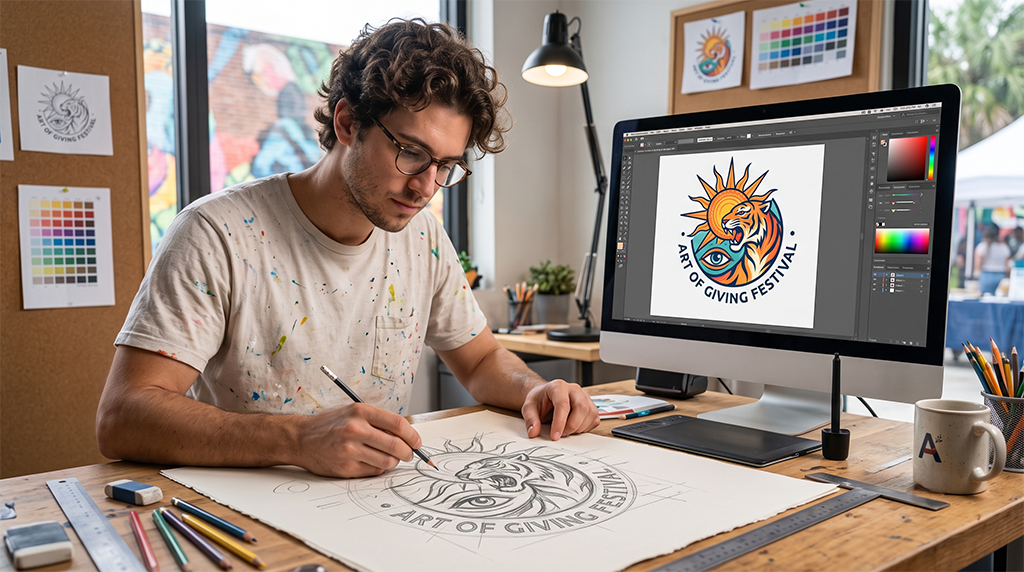 A young artist sketches a colorful charity event t-shirt logo at a desk, with his digital design displayed on a desktop computer. Art supplies, color samples, and drawings are scattered around the creative workspace.