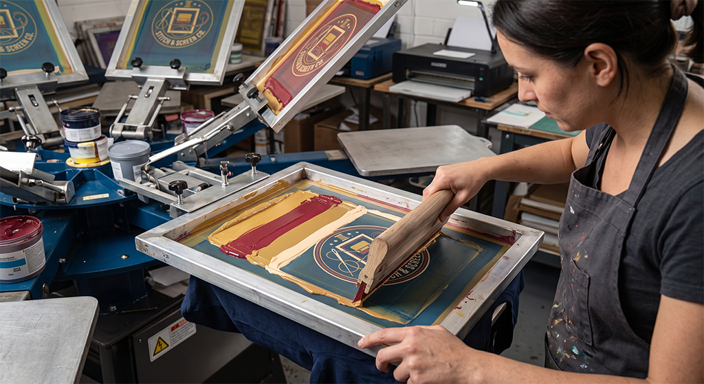 A woman uses a squeegee to screen print a design onto a T-shirt in a Kansas City workshop, surrounded by printing equipment, inks, and screens.