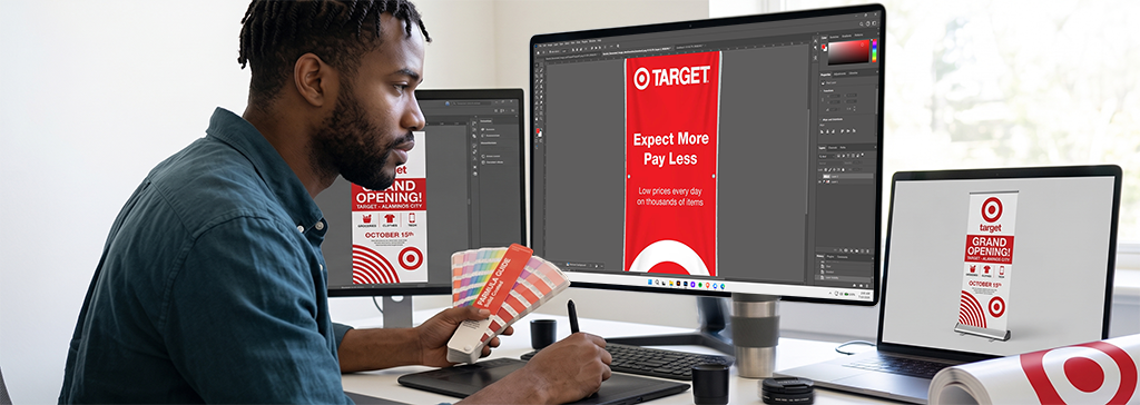 A man designs a Target advertisement on a computer, holding Pantone color swatches as a printing guide. Multiple monitors show the Target ad with the slogan “Expect More Pay Less.” A printed banner is on the desk next to a coffee cup and tablet.