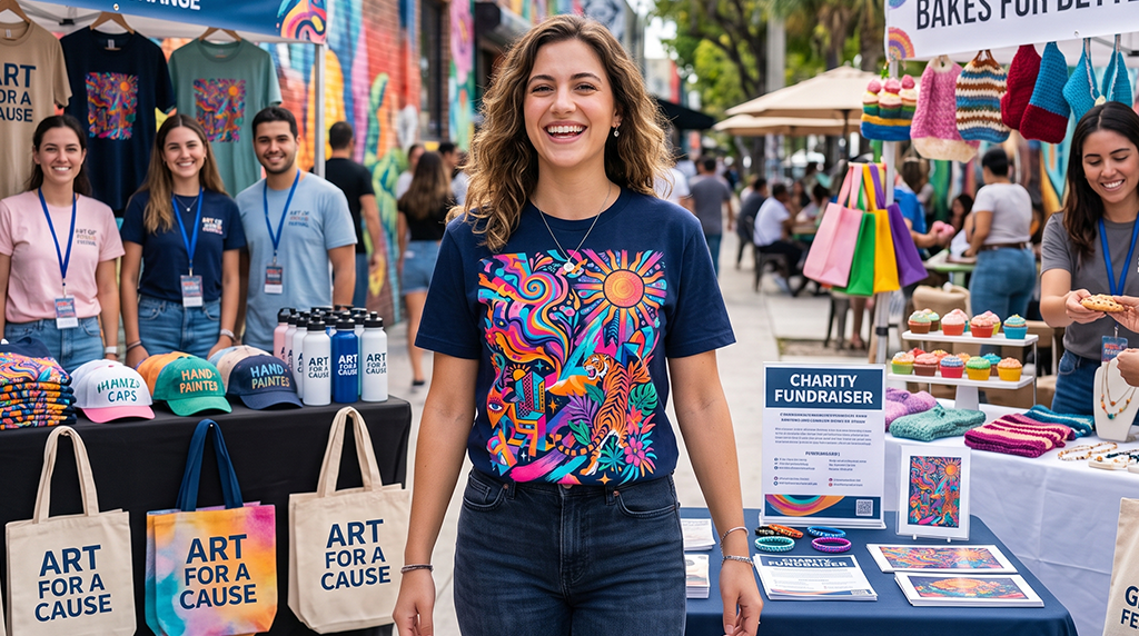 A smiling woman in a colorful charity event t-shirt stands at an outdoor fundraiser, surrounded by tables of handmade goods, tote bags reading ART FOR A CAUSE, cupcakes, and volunteers in matching shirts.