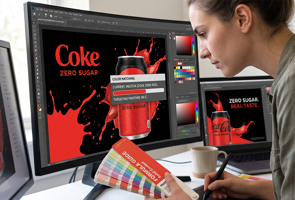 A person uses design software on multiple monitors to edit a Coke Zero Sugar advertisement, holding a Pantone color guide and a pen while checking color accuracy on the screen for precise printing results.
