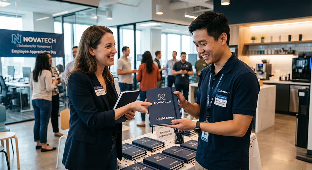 At an employee appreciation event, two colleagues in business attire exchange a plaque—a great example of memorable corporate gifts. The woman smiles as she hands it to the man, with other attendees and office decor in the background.