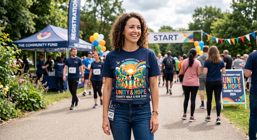 A woman smiles at a charity walk and run event, wearing a Unity & Hope 2024 charity t-shirt design. People gather near the start line and registration tent, with balloons and banners adding to the festive park atmosphere.