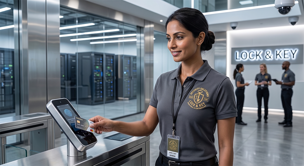 A security guard scans an ID card at an access control terminal in a modern Kansas City facility, with other staff members conversing in the background near a sign that reads LOCK & KEY.
