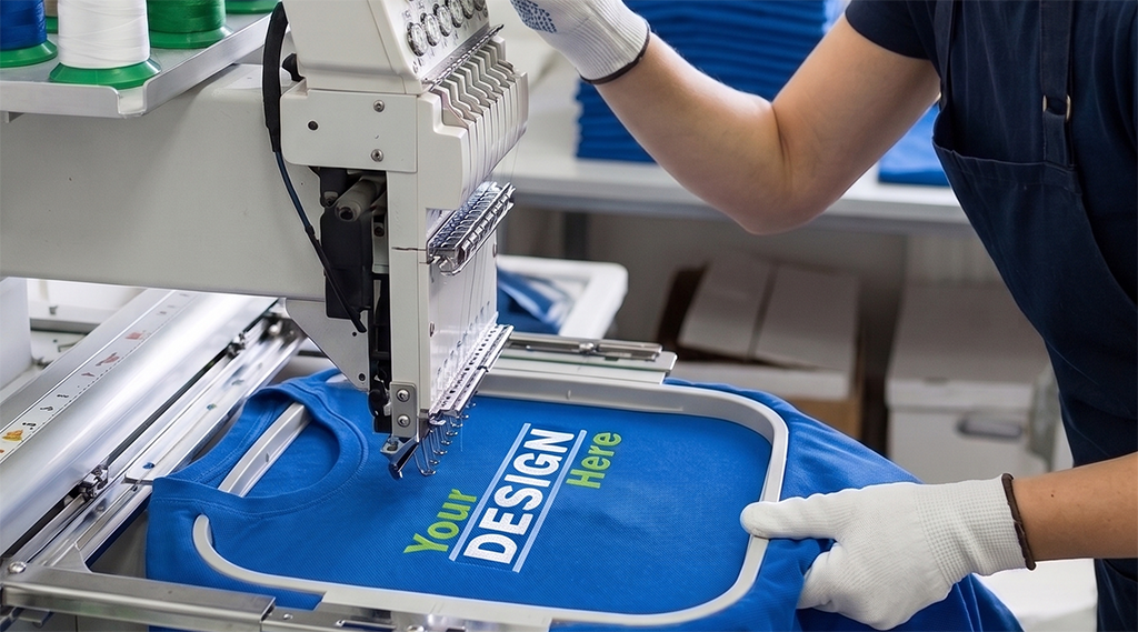 A person in Jackson, Mississippi uses an embroidery machine to customize a blue T-shirt that reads “Your Design Here” in green, white, and blue text. The person is wearing white gloves and organizing the shirt in the machine, demonstrating skilled embroidery techniques perfect for personalized apparel.