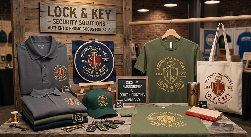 Display of Lock & Key Security Solutions merchandise, including shirts, tote bags, caps, patches, mugs, and pins—featuring custom embroidery and screen printing—arranged on a wooden table in a Kansas City shop setting.