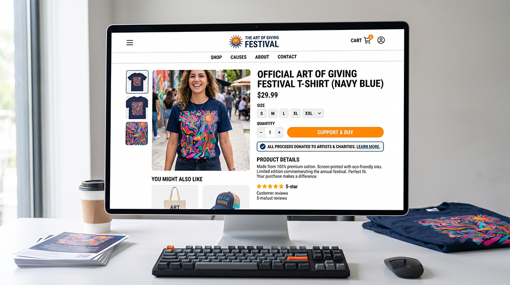 A computer screen displays an online store page featuring a navy blue charity event t-shirt with colorful art. A keyboard, mouse, and the same folded T-shirt are on the desk in front of the monitor.