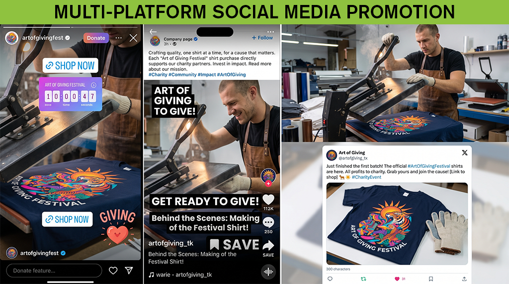 A collage shows a man screen-printing colorful charity t-shirt designs, with screenshots of Instagram, Facebook, and Twitter posts promoting the Art of Giving Festival and encouraging shopping and charitable giving.
