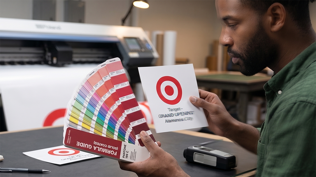 A person compares a color swatch booklet to a printed Target flyer at a table, using a color guide to match precise Pantone colors. In the background, a large printer and print materials are visible. The flyer reads Target GRAND OPENING and another line is blurred.