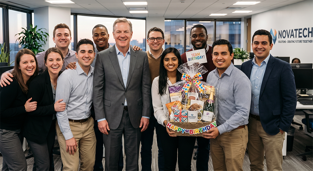 A group of eleven coworkers in an office gather around a woman holding a birthday gift basket, showcasing thoughtful corporate gift ideas. Everyone is smiling, and a Happy Birthday sign is on the basket. The office has large windows and desks in the background.