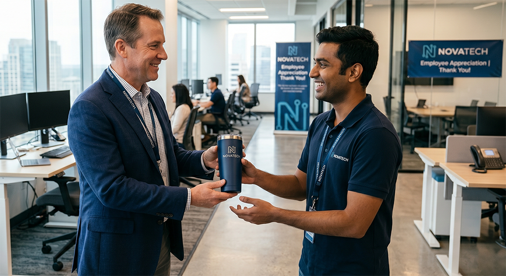 Two men smiling and exchanging a Novatech-branded tumbler—a perfect corporate gift idea—in a modern office, with employees working at desks and signs reading, “NOVATECH Employee Appreciation | Thank You!” in the background.