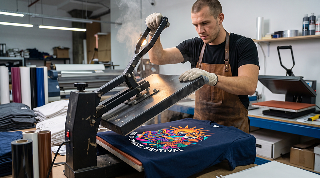 A man in an apron uses a heat press machine to print a colorful charity t-shirt design onto a navy blue t-shirt in a workshop filled with printing materials and equipment.