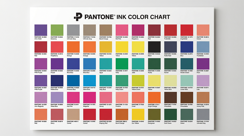 Pantone ink color chart displaying rows of colored rectangles, each labeled with a different Pantone shade name and number—a perfect guide for printing, featuring Pantone colors from greens and blues to reds, purples, oranges, yellows, browns, and grays.