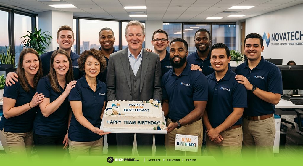 A group of nine people in an office, smiling and standing around a cake that says HAPPY TEAM BIRTHDAY! The group appears to be celebrating together, showing employee appreciation, with a business logo on the wall in the background.