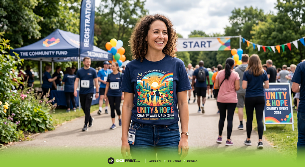 A smiling woman in a charity event t-shirt stands in front of a START line at a park event. People with race bibs and colorful decorations are visible in the background, showcasing the spirit of Unity & Hope Charity Walk & Run 2024.