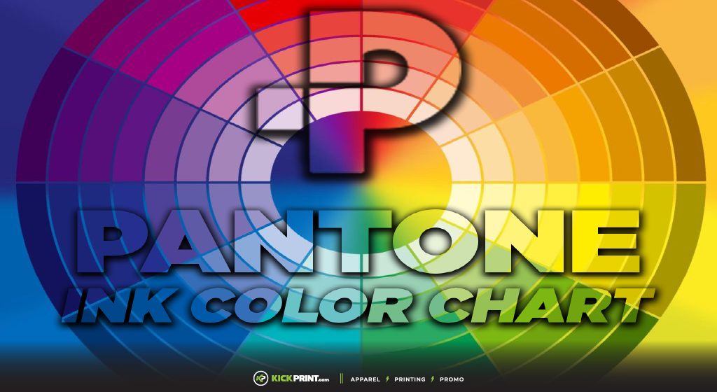 A vibrant Pantone ink color chart with a rainbow gradient background, large P symbol, and bold text reading Pantone Ink Color Chart. Kick Print branding appears at the bottom, making it a perfect guide for printing and choosing Pantone colors.